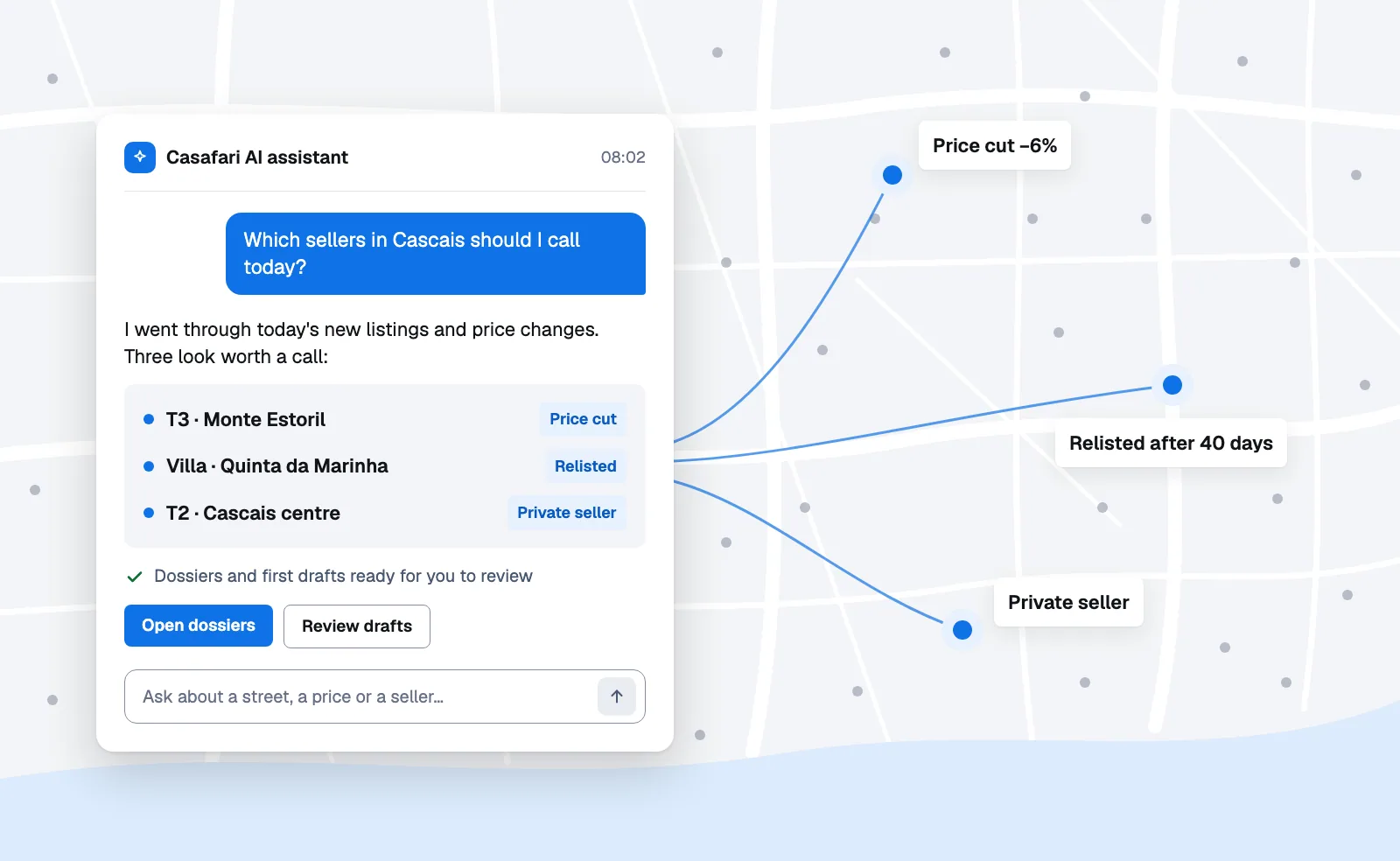 An agent asks an AI assistant which sellers in Cascais to call today; a price cut, a relisting and a private seller on a city map feed into a short list of three.