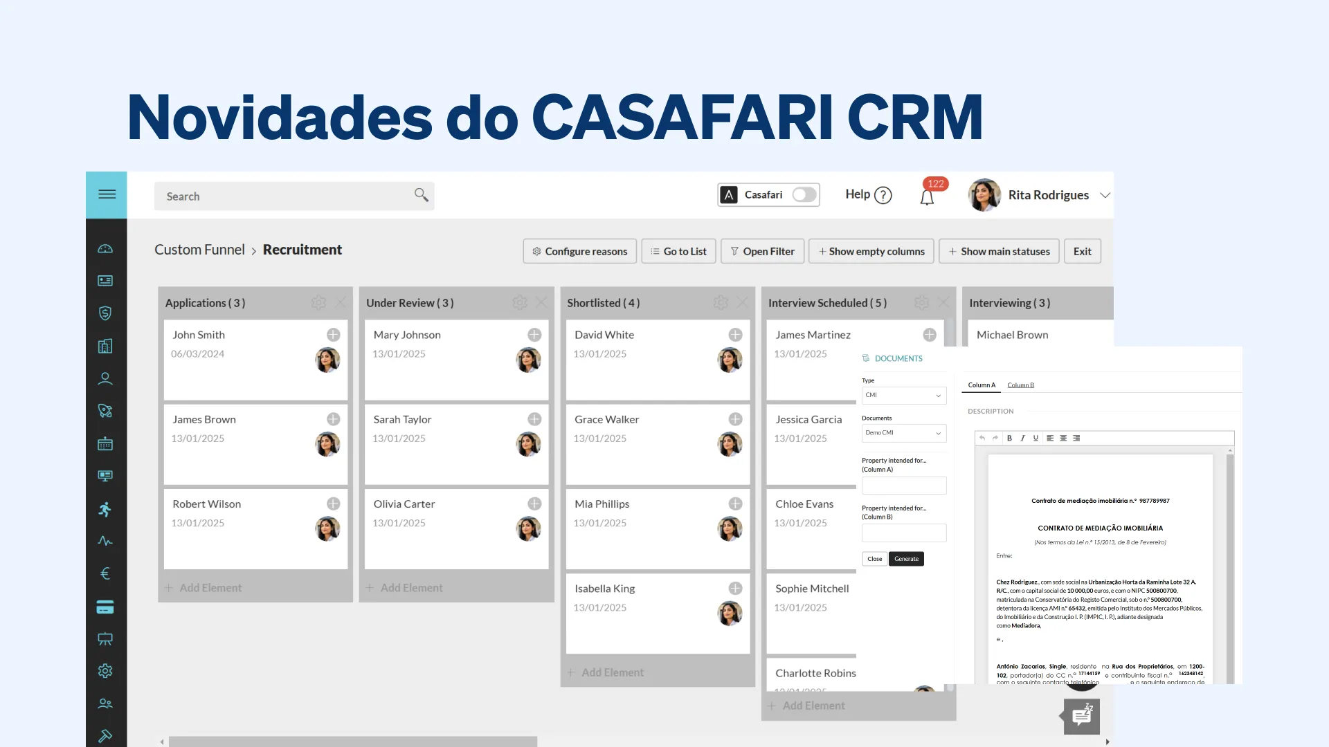 Painel do CASAFARI CRM com as novas funcionalidades de gestão imobiliária, crédito habitação e modelos de documentos