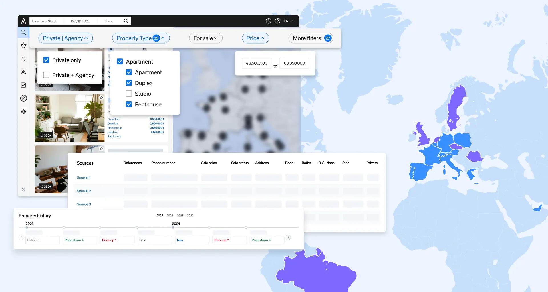 The interface of CASAFARI's Property Sourcing: data integration solutions