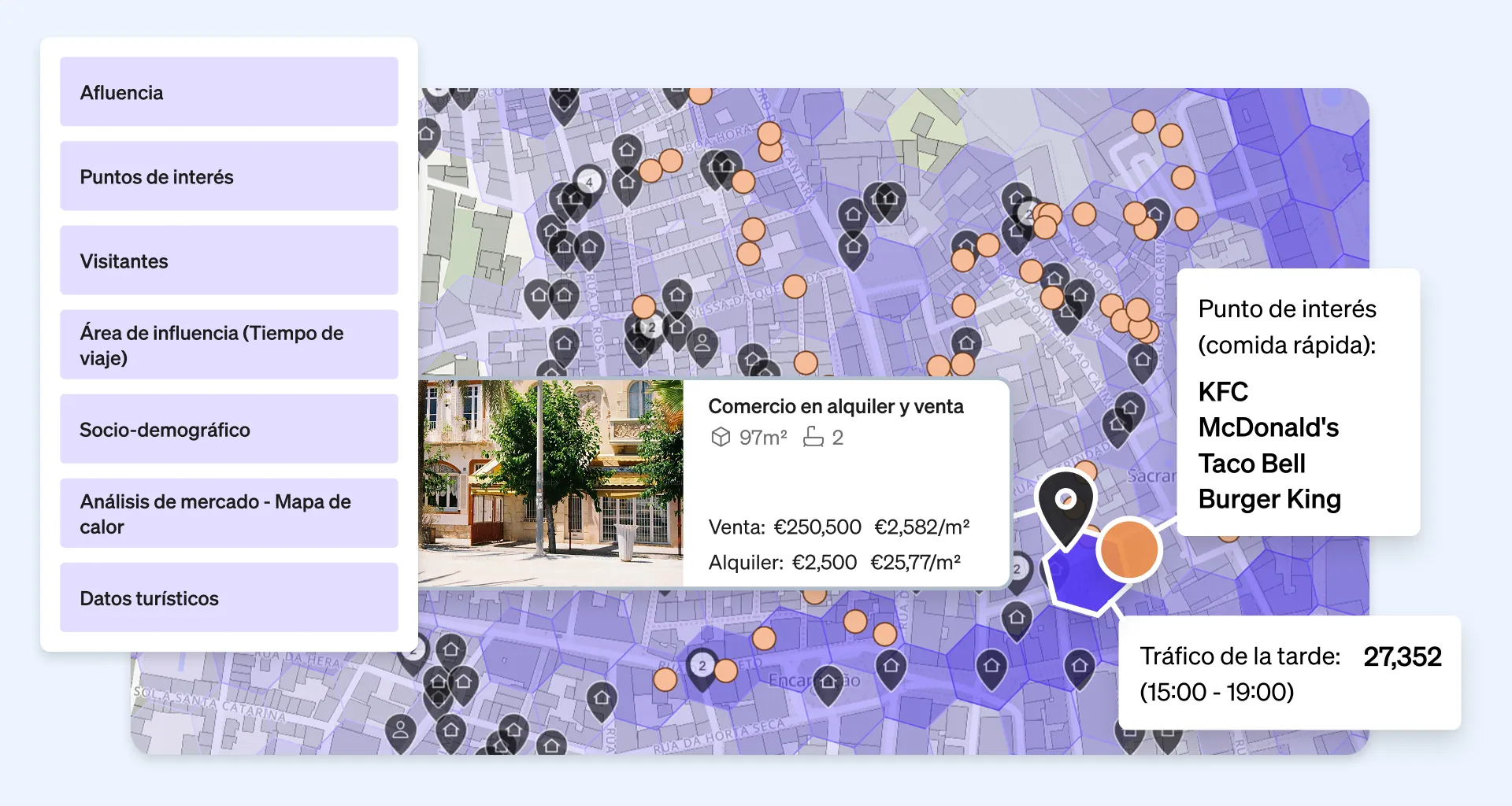Soluciones de integración de datos proporcionadas por CASAFARI para analizar el entorno de una propiedad, como la afluencia de público, los puntos de interés y la información sociodemográfica.