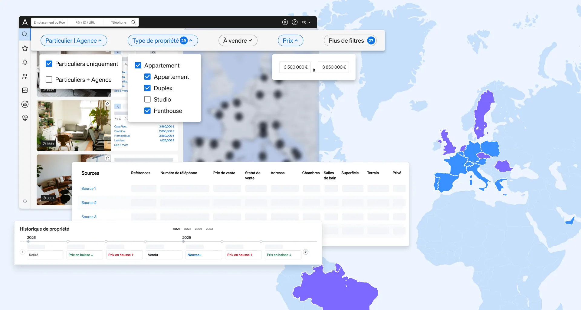 L'interface de la solution d' intégration des données de CASAFARI Property Sourcing