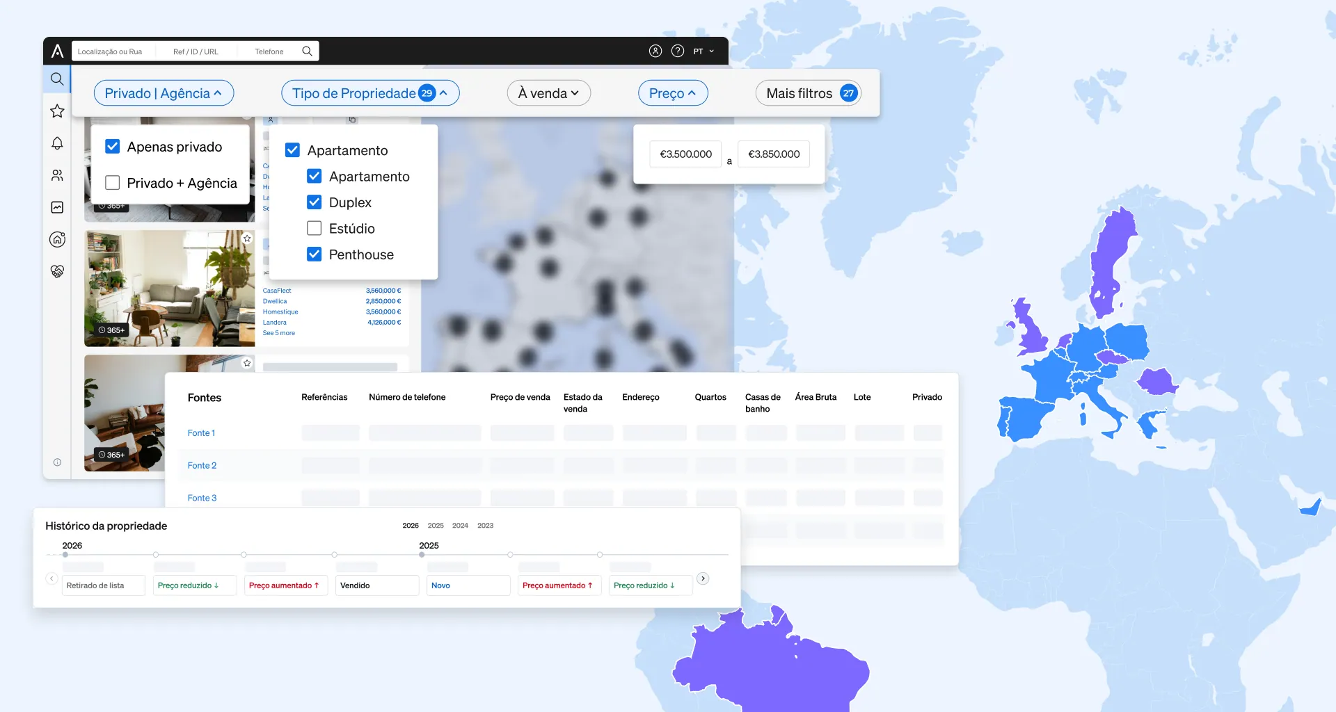 A interface da integração API de Property Sourcing da CASAFARI