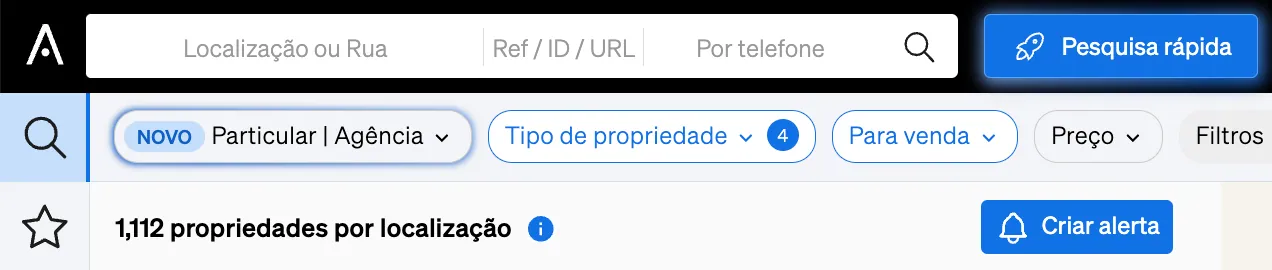 Pesquisa rápida na Pesquisa de Imóveis da CASAFARI, com auxílio de IA