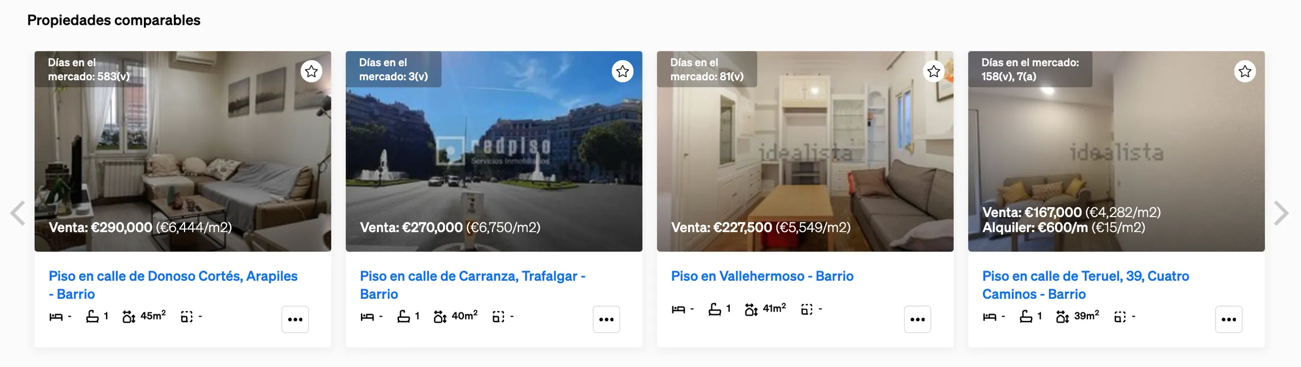 Propiedades comparables dentro de la página de propiedad, en la Búsqueda de Propiedades de CASAFARI