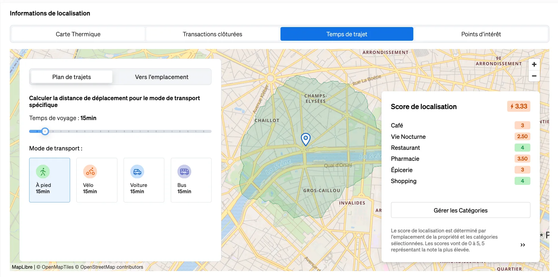 Module “Information sur les Environs” montrant la qualité des zones environnantes d'une propriété