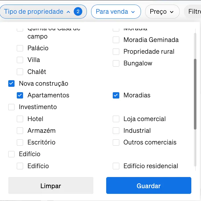 Filtro de novas construções dentro da Pesquisa de Propriedades da CASAFARI