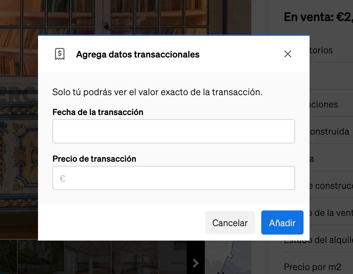 Segon pas per afegir dades de transaccions immobiliàries a CASAFARI