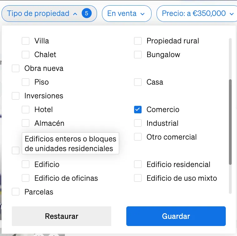 Diferents tipus de propietats dins dels filtres de la Cerca de Propietats de CASAFARI