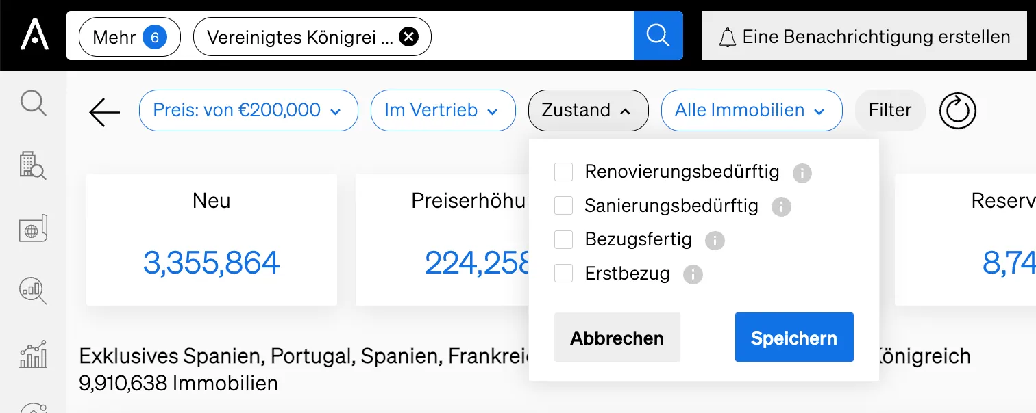 Preisdefinitionen, Immobilienstatus und Alarmdetails