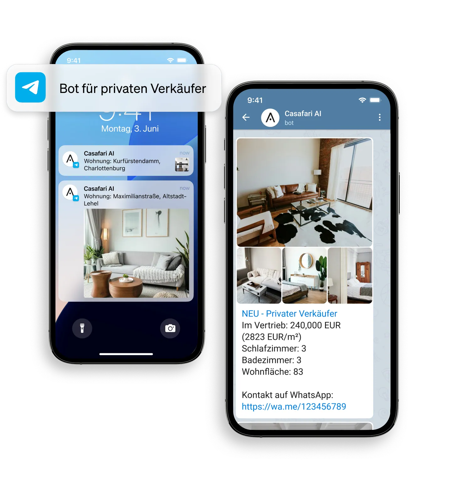 Benachrichtigung über neue Immobilien auf dem Markt, die von privaten Verkäufern verkauft werden, mit dem Bot von CASAFARI AI auf Telegram