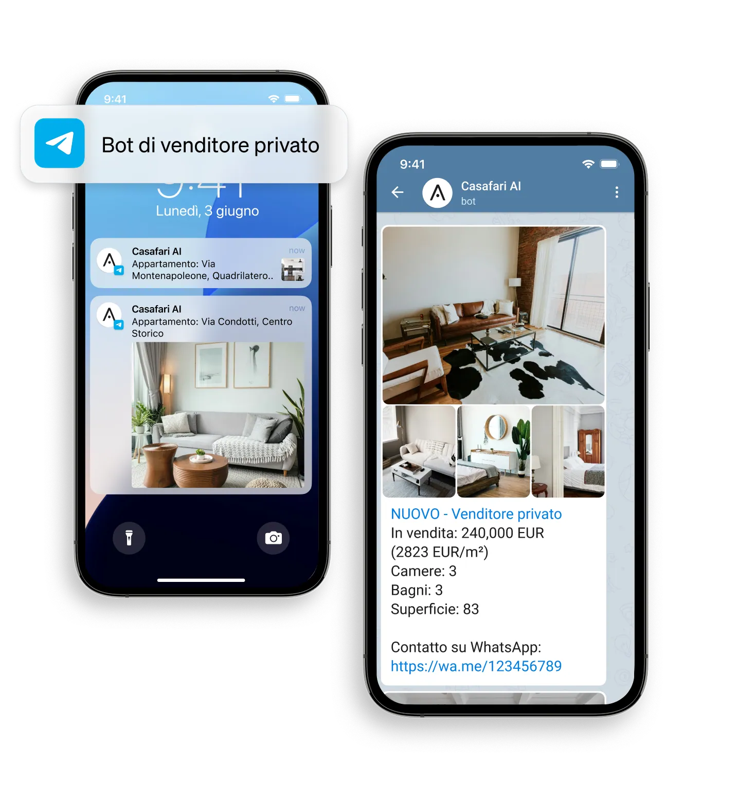 ricevere notifiche di nuovi immobili sul mercato venduti da venditori privati con il bot di CASAFARI AI per WhatsApp e Telegram