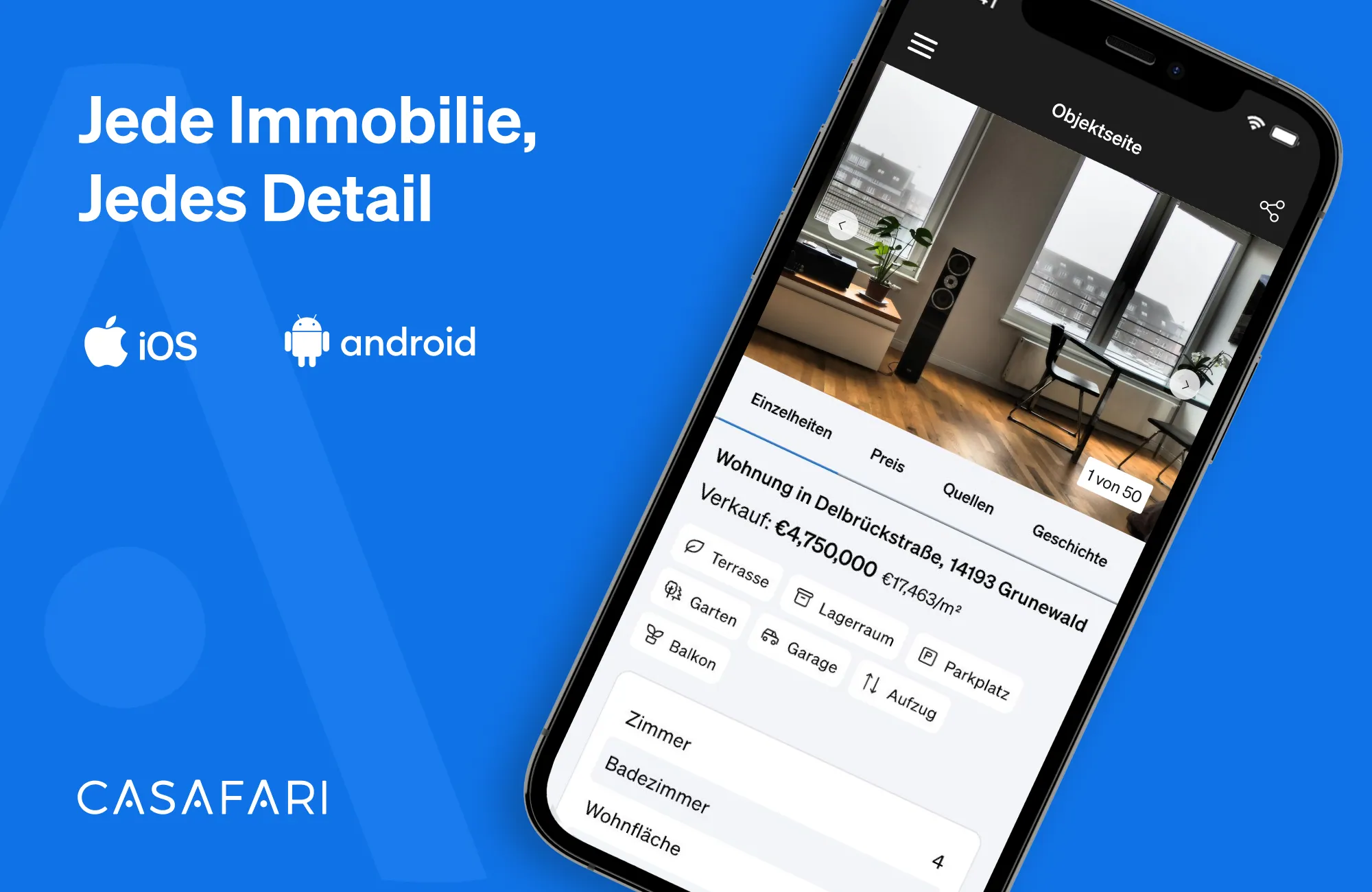 Die Mobile App von CASAFARI zeigt alle Details einer Immobilie auf ihrer Oberfläche an