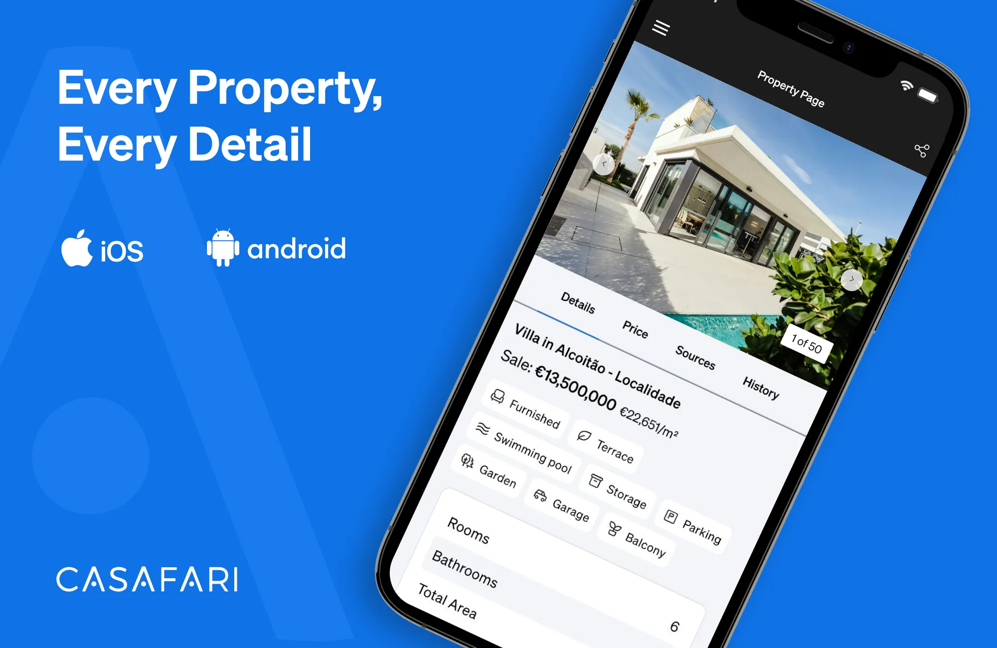 CASAFARI's Mobile App showing all the details of a property on its interface