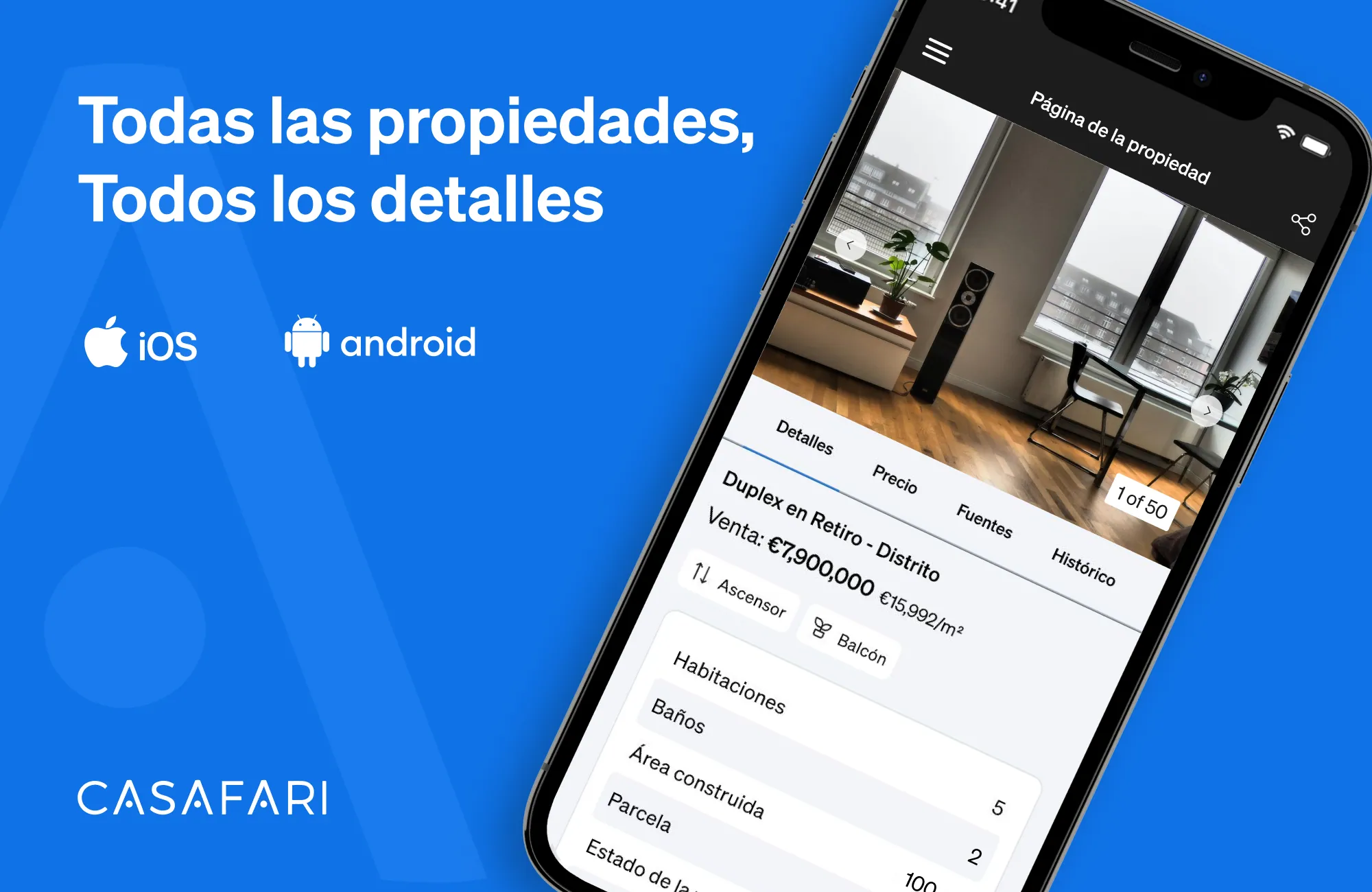 Aplicación móvil de CASAFARI que muestra todos los detalles de una propiedad en su interfaz
