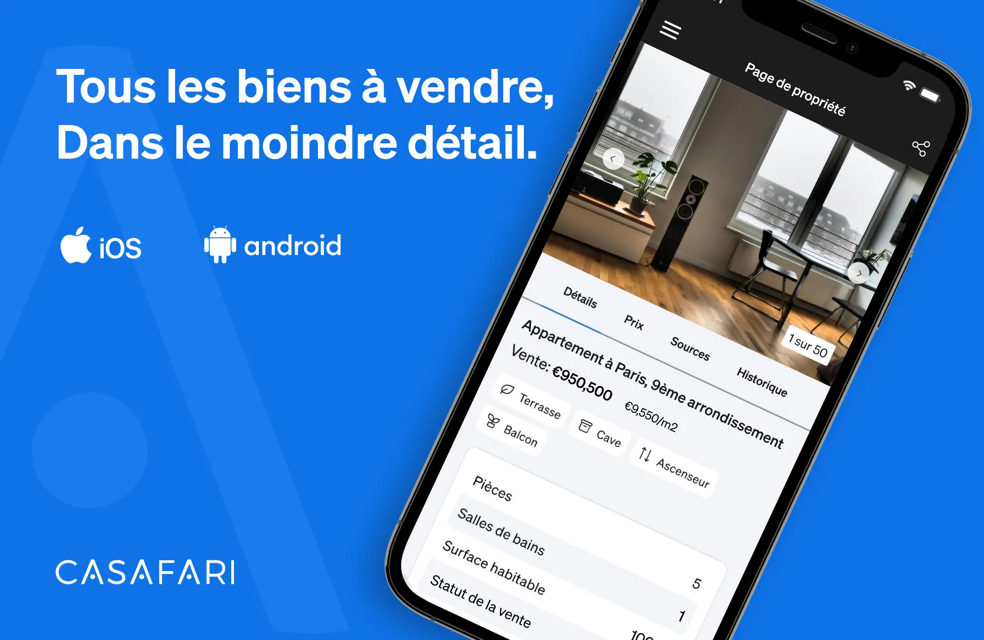 L'application mobile de CASAFARI affiche tous les détails d'un bien sur son interface