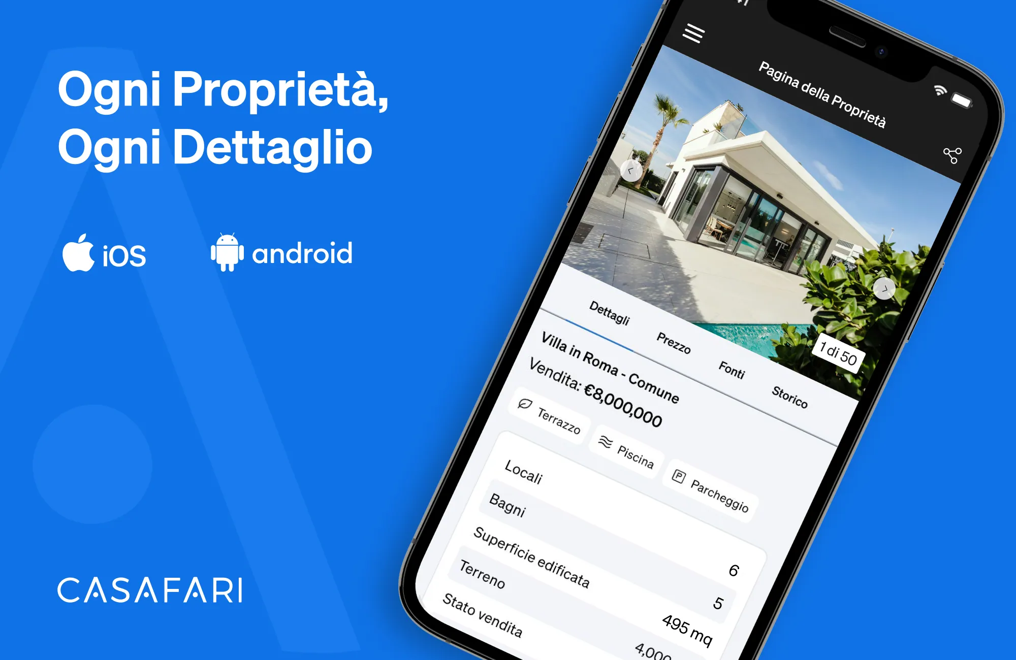 L'App mobile di CASAFARI mostra tutti i dettagli di un immobile sulla sua interfaccia
