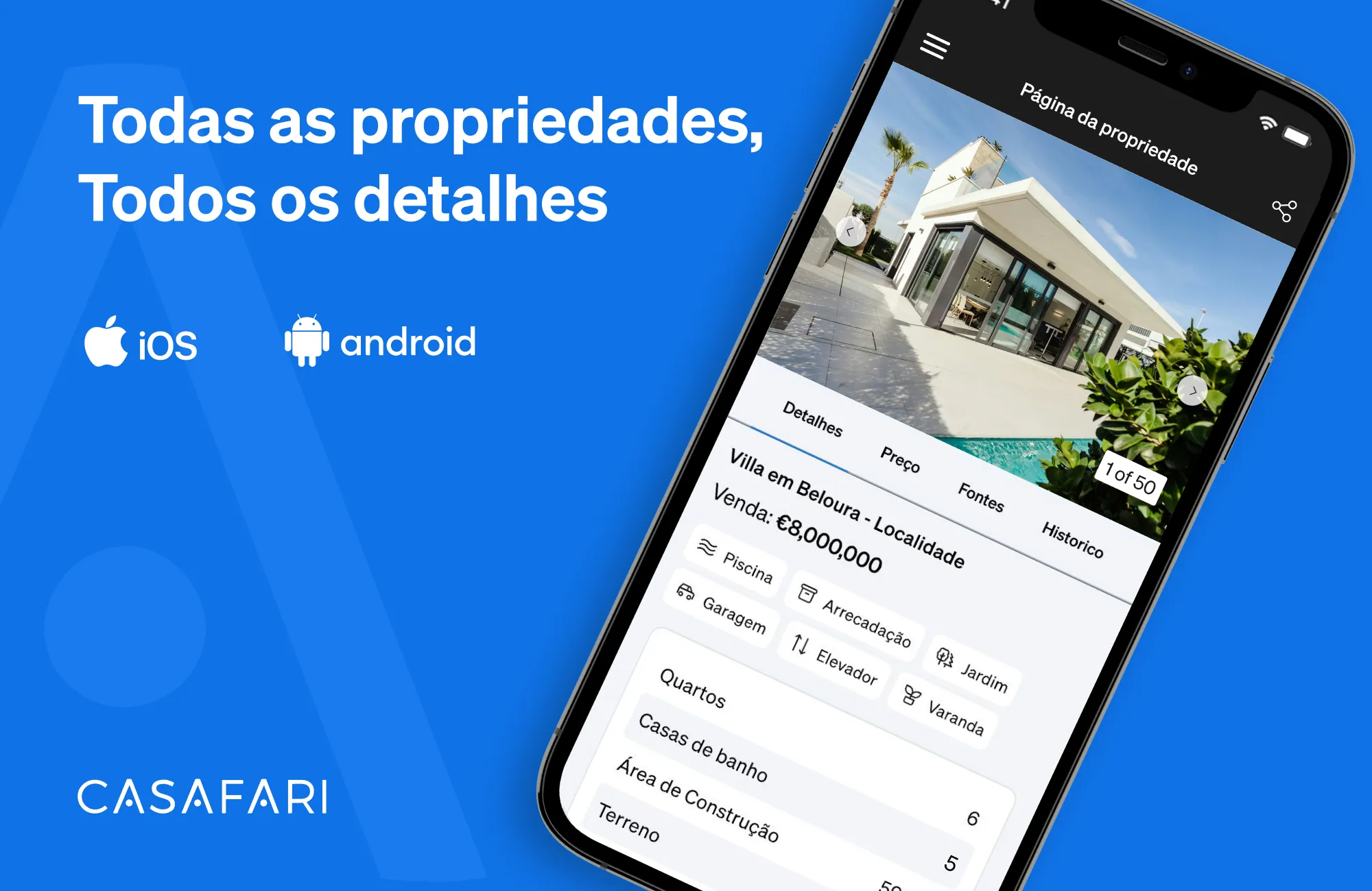 A app imobiliária da CASAFARI a mostrar os detalhes de uma propriedade em sua interface