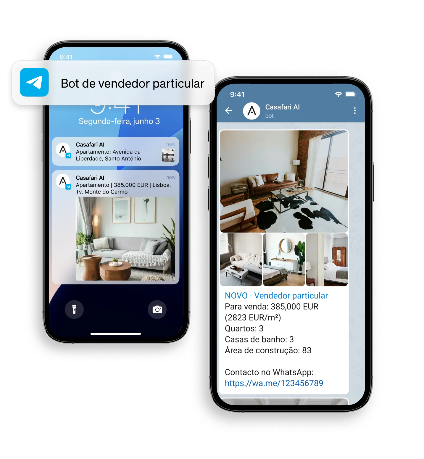 notificações sobre novos imóveis no mercado vendidos por particulares com o bot da CASAFARI AI no Telegram