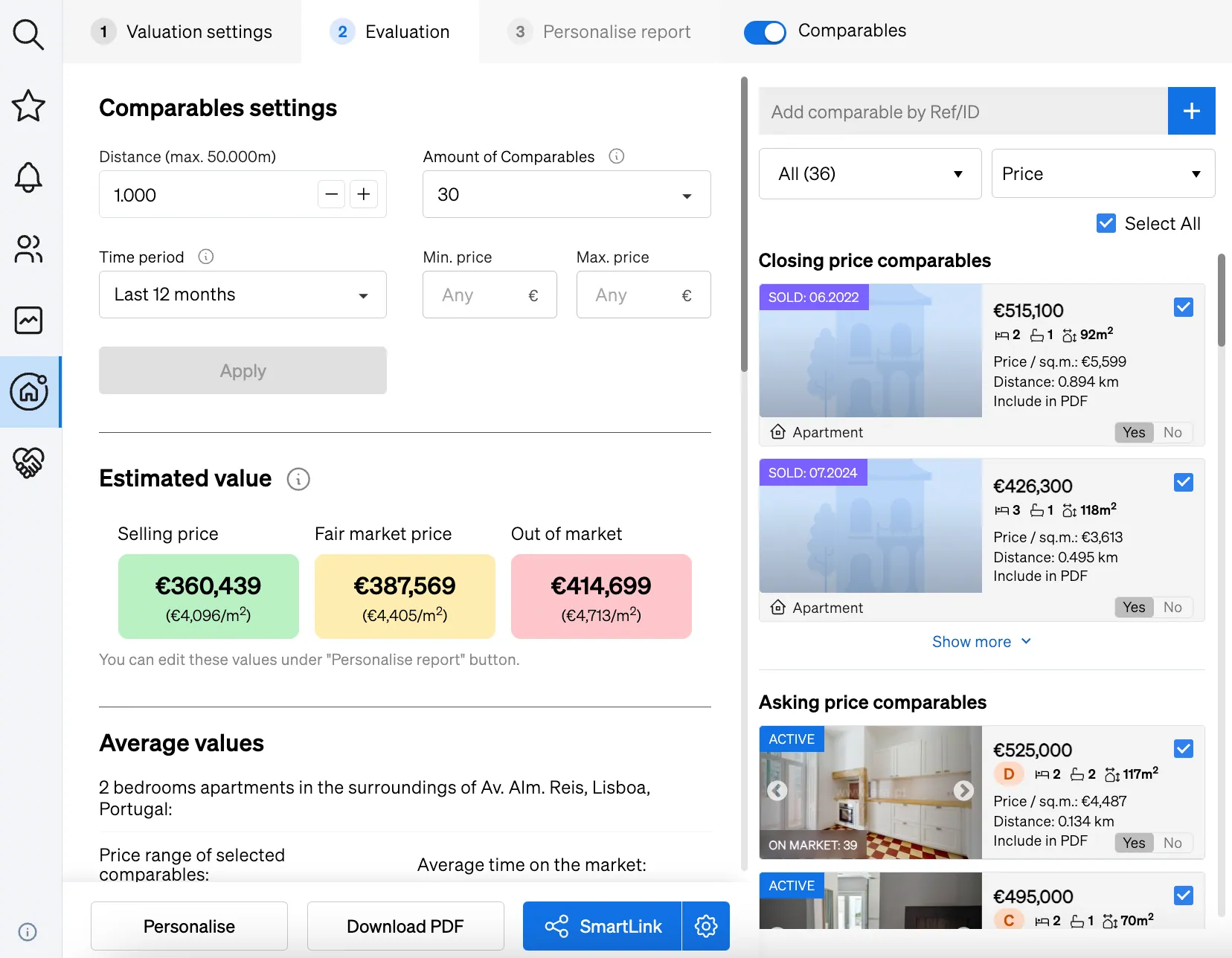 Finding comparable properties and running a property valuation inside CASAFARI, based on the location and characteristics of a property
