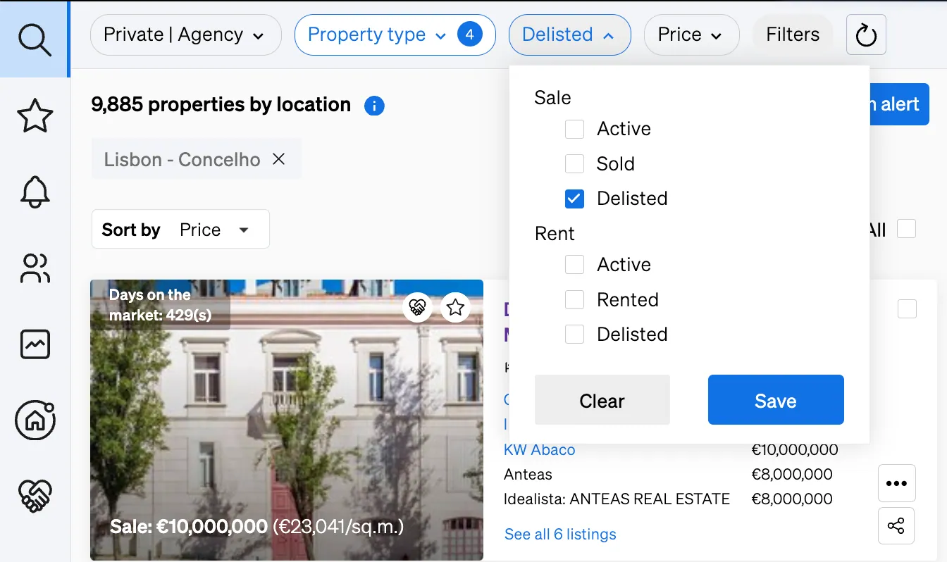 delisted properties inside the Property Sourcing of CASAFARI, an useful piece of information for estate agents to see what has been selling  similar to their portfolio