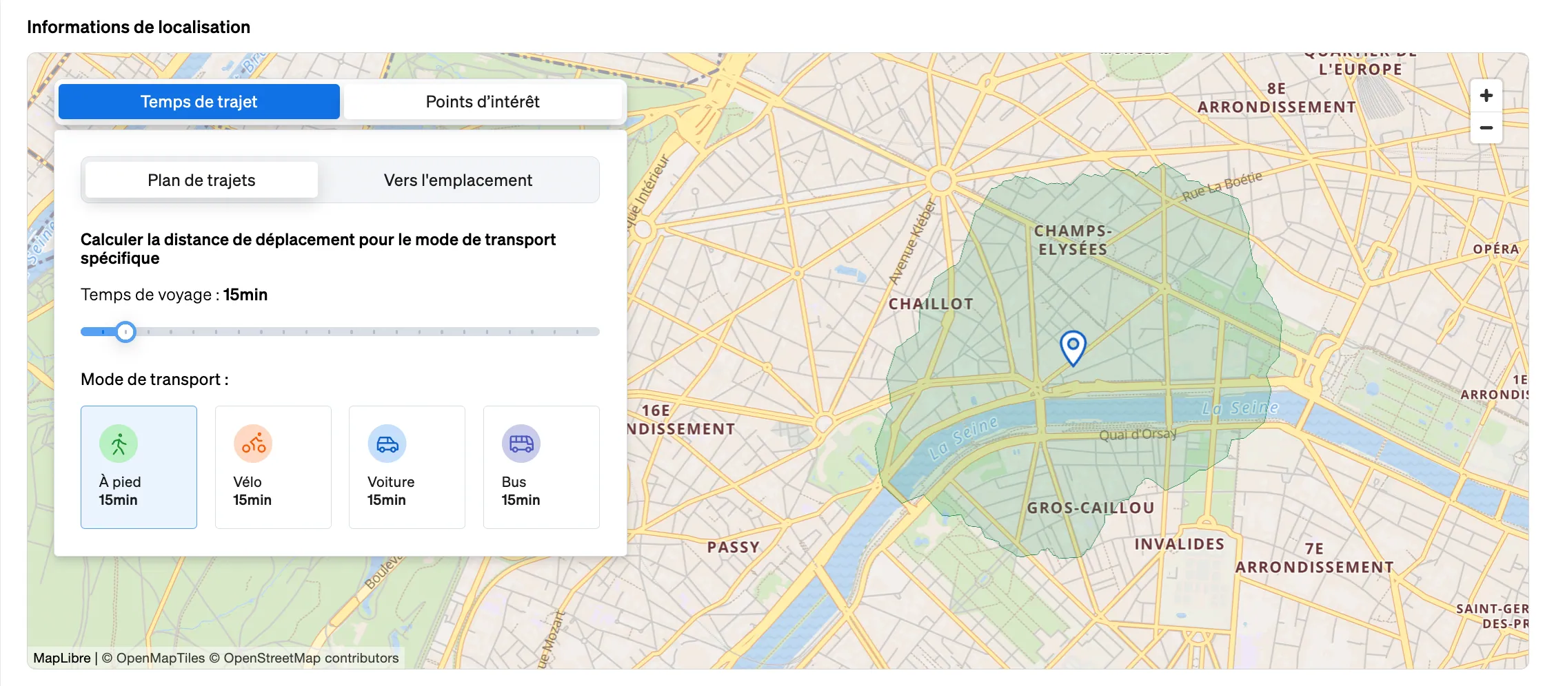 Informations sur l'emplacement indiquant les commodités à proximité d'un bien immobilier et les temps de trajet avec différents moyens de transport