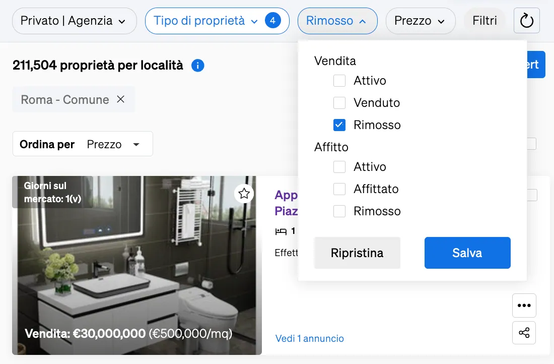 immobili delistati all'interno della Ricerca di Immobili di CASAFARI, un'informazione utile per gli agenti immobiliari per vedere cosa è stato venduto di simile al loro portafoglio