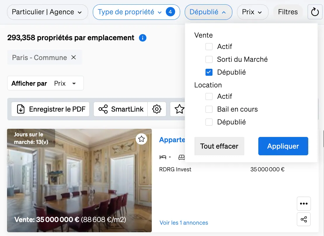 les biens retirés de la liste dans le cadre du de la Recherche Immobilier de CASAFARI, une information utile aux agents immobiliers pour voir ce qui s'est vendu de similaire à leur portefeuille.