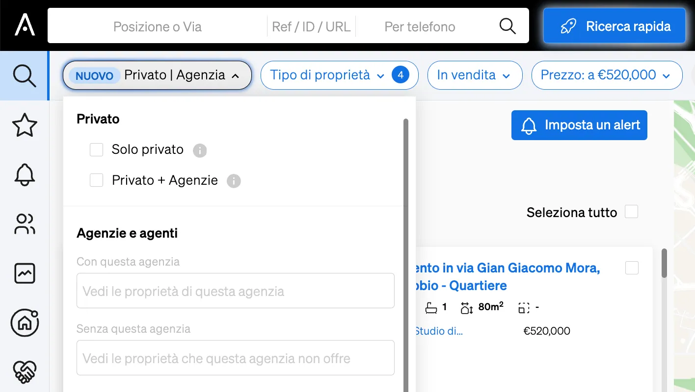Filtrare per le proprietà di una specifica agenzia all'interno della Ricerca di Immobili di CASAFARI