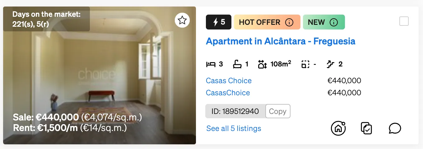 HOT OFFER and NEW labels inside CASAFARI's Property Sourcing