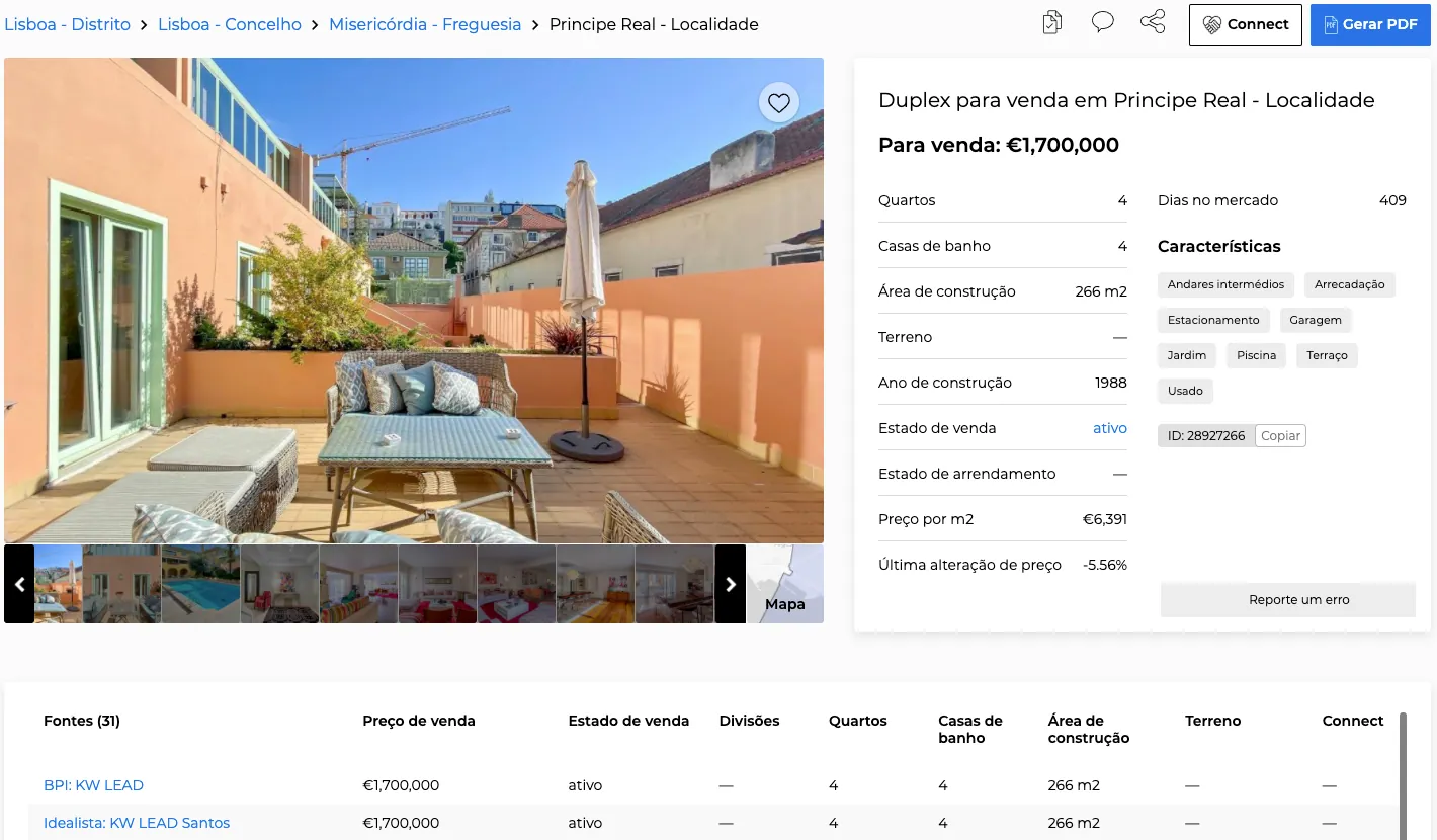 Página da propriedade, na pesquisa de imóveis da CASAFARI