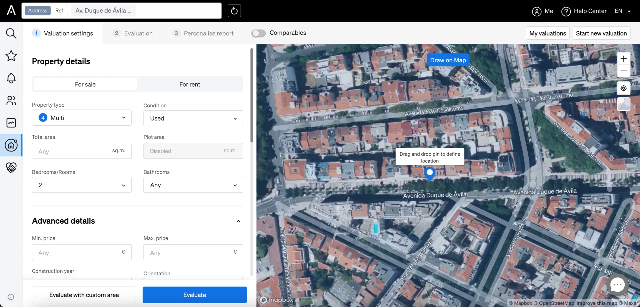 Set out the characteristics of the property on CASAFARI's property valuation tool