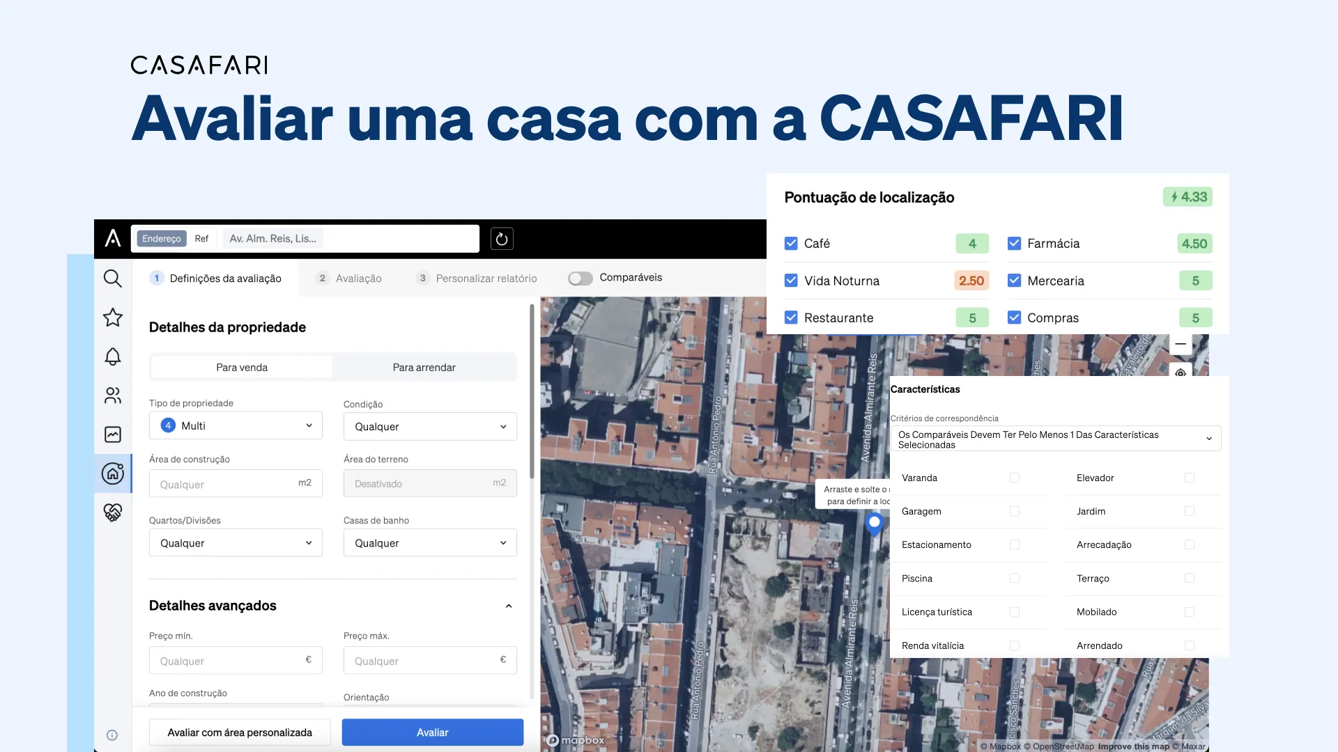 Ecrã do software de avaliação imobiliária da CASAFARI com detalhes da propriedade, mapa de localização e métricas de avaliação.