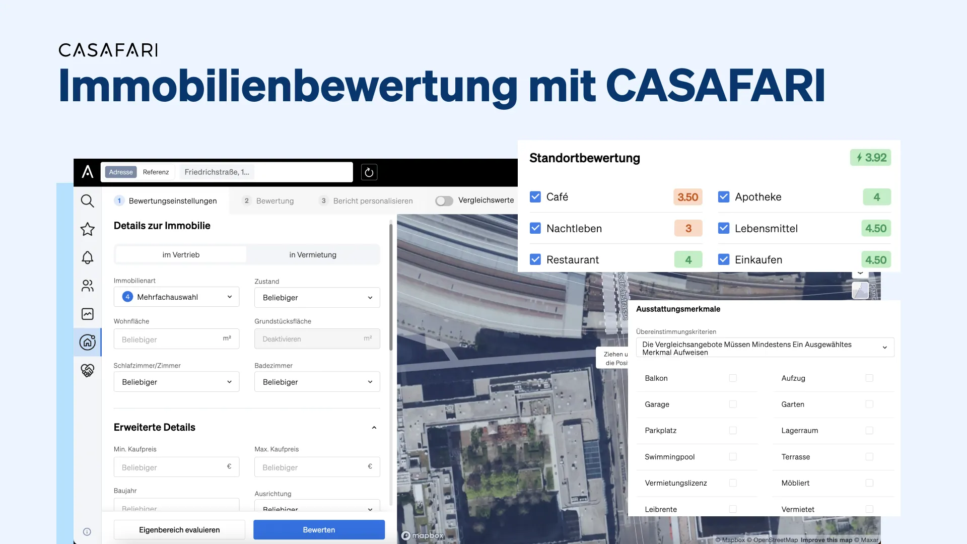 Benutzeroberfläche für die Online-Immobilienbewertung mit CASAFARI anhand vergleichbarer Immobilien.