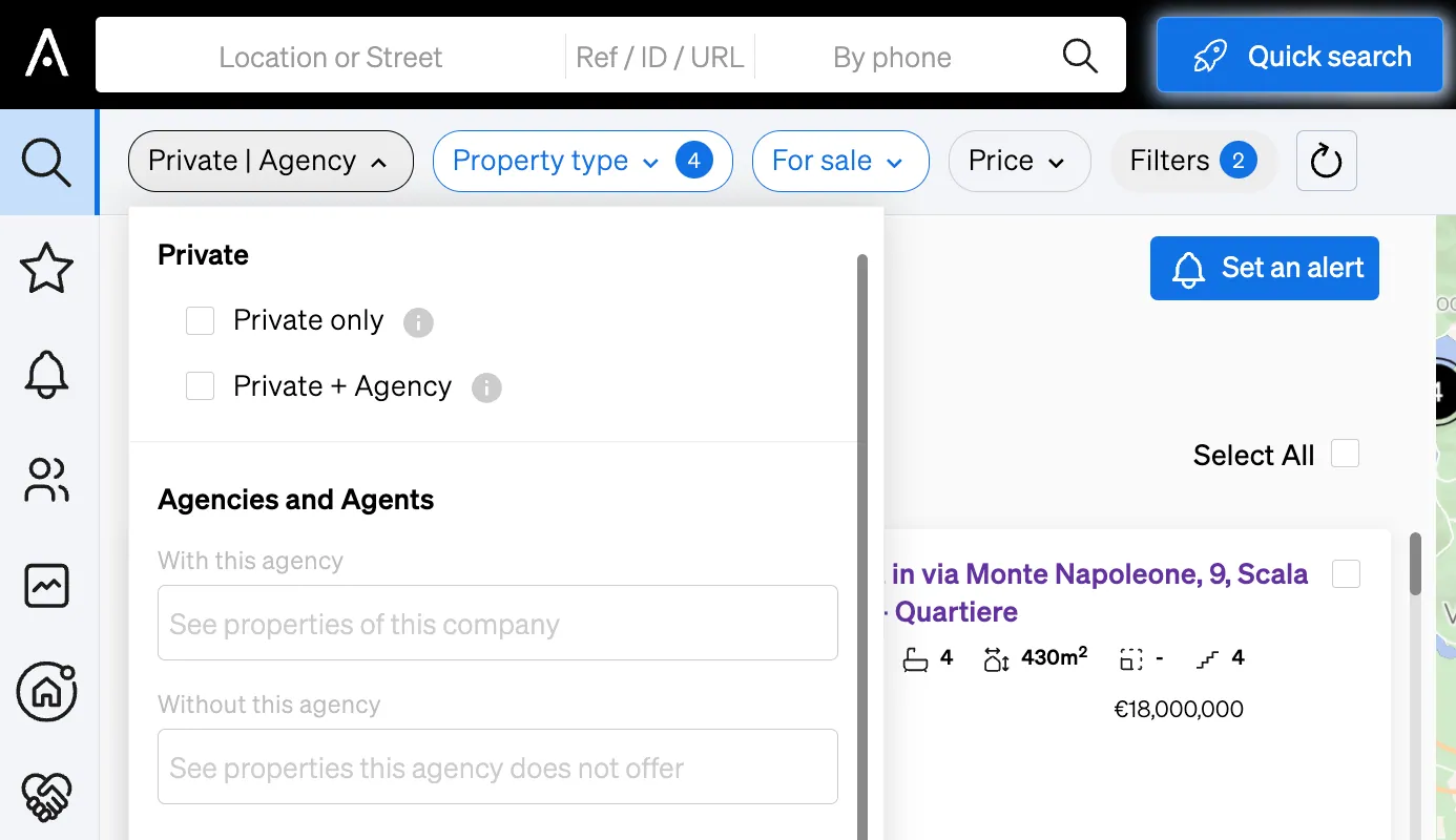 Filtering properties per agency or per private sellers inside CASAFARI's Property Sourcing