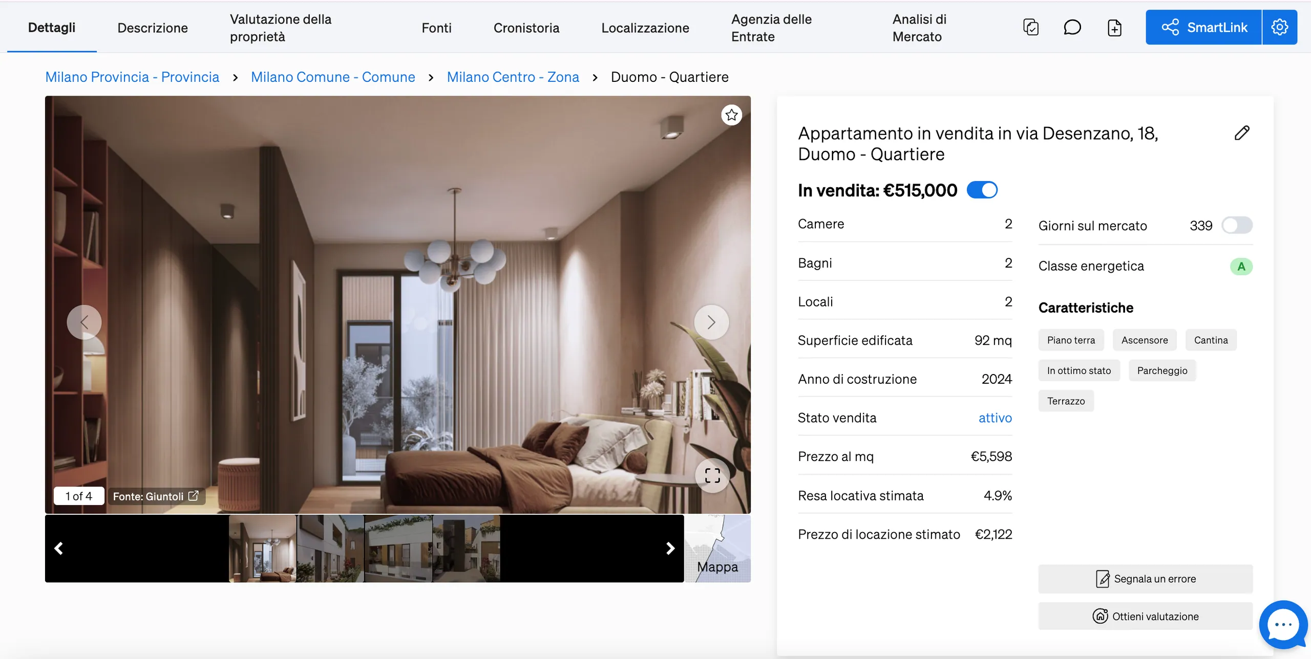 Informazioni generali sulla proprietà, compresa la redditività dell'immobile, utili per le agenzie immobiliari che consigliano i clienti acquirenti e per gli investitori.