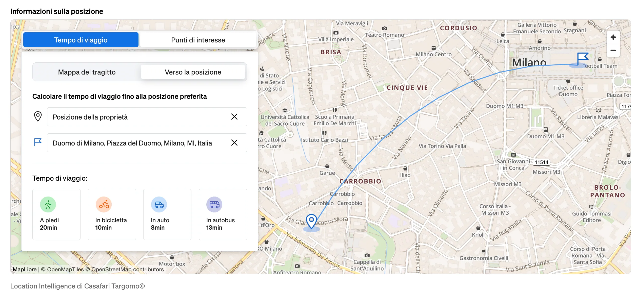 Mappa con i punti di interesse nei dintorni della proprietà e i tempi di percorrenza