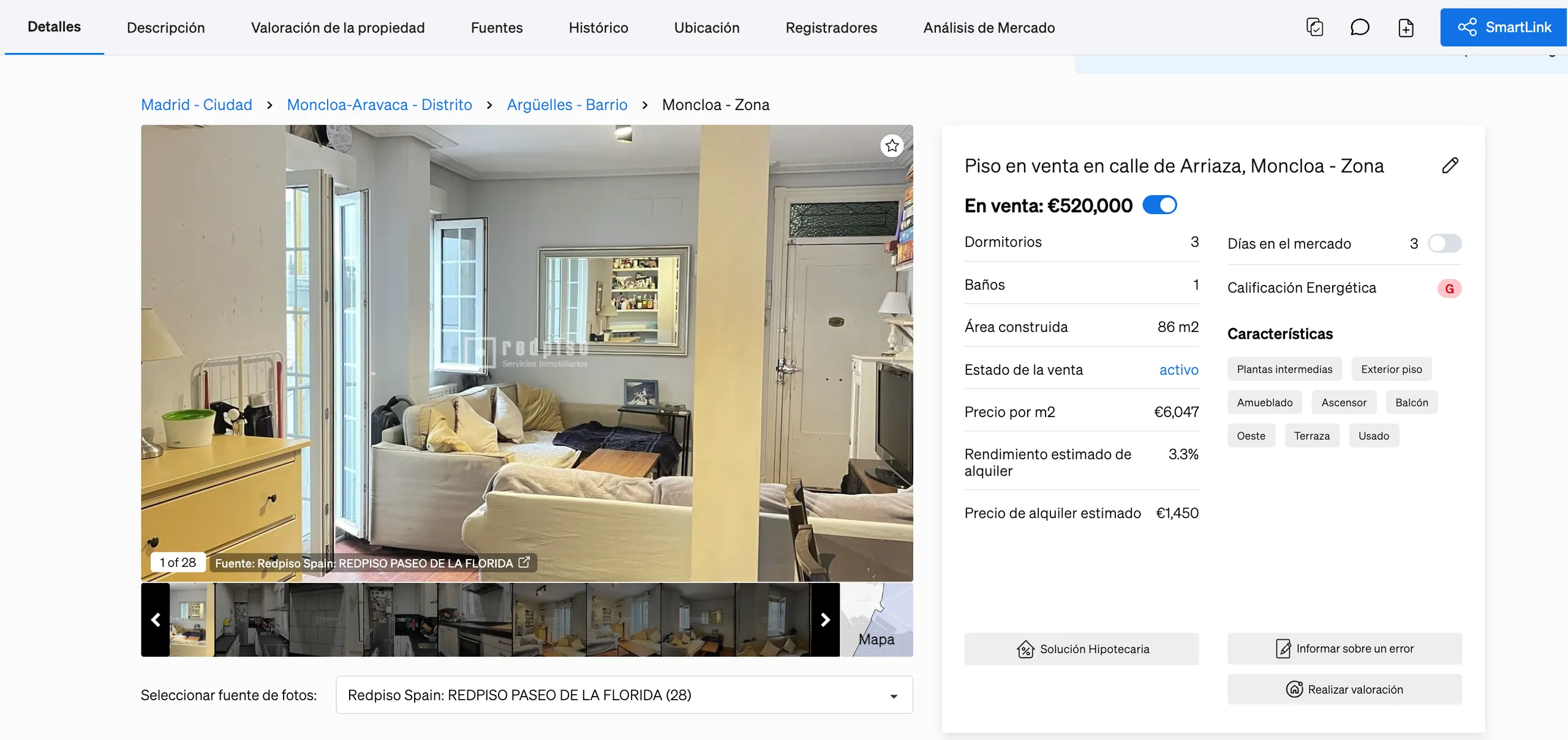 Detalls del rendiment estimat de lloguer a la pàgina de la propietat de la cerca immobiliària de CASAFARI