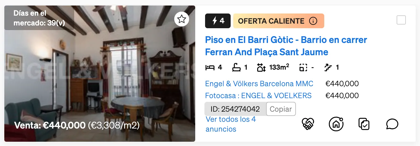 Etiqueta OFERTA CALIENTE en el buscador de inmuebles de CASAFARI