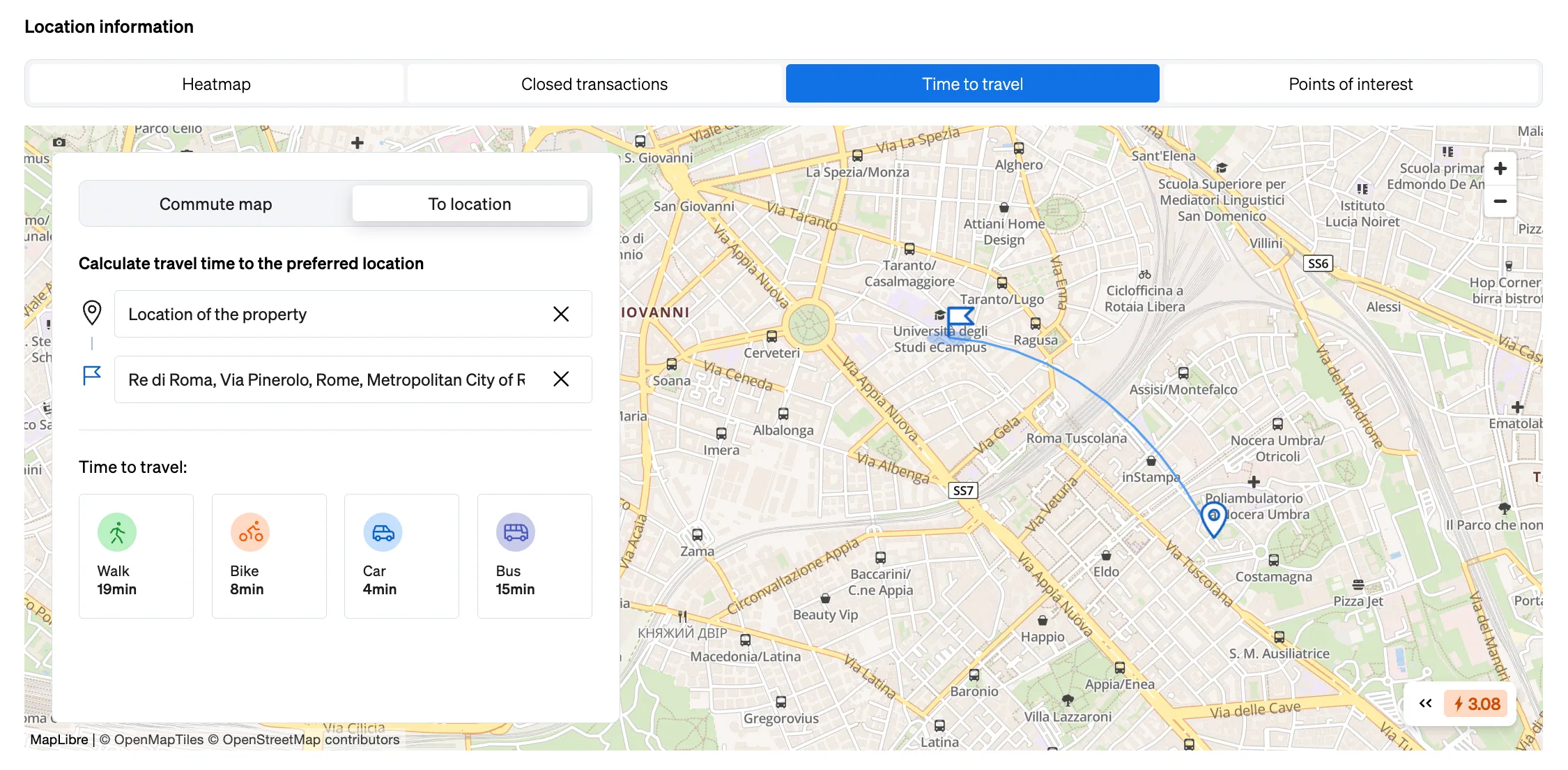 Find out the commute times to different parts of the city, using different means of transport.