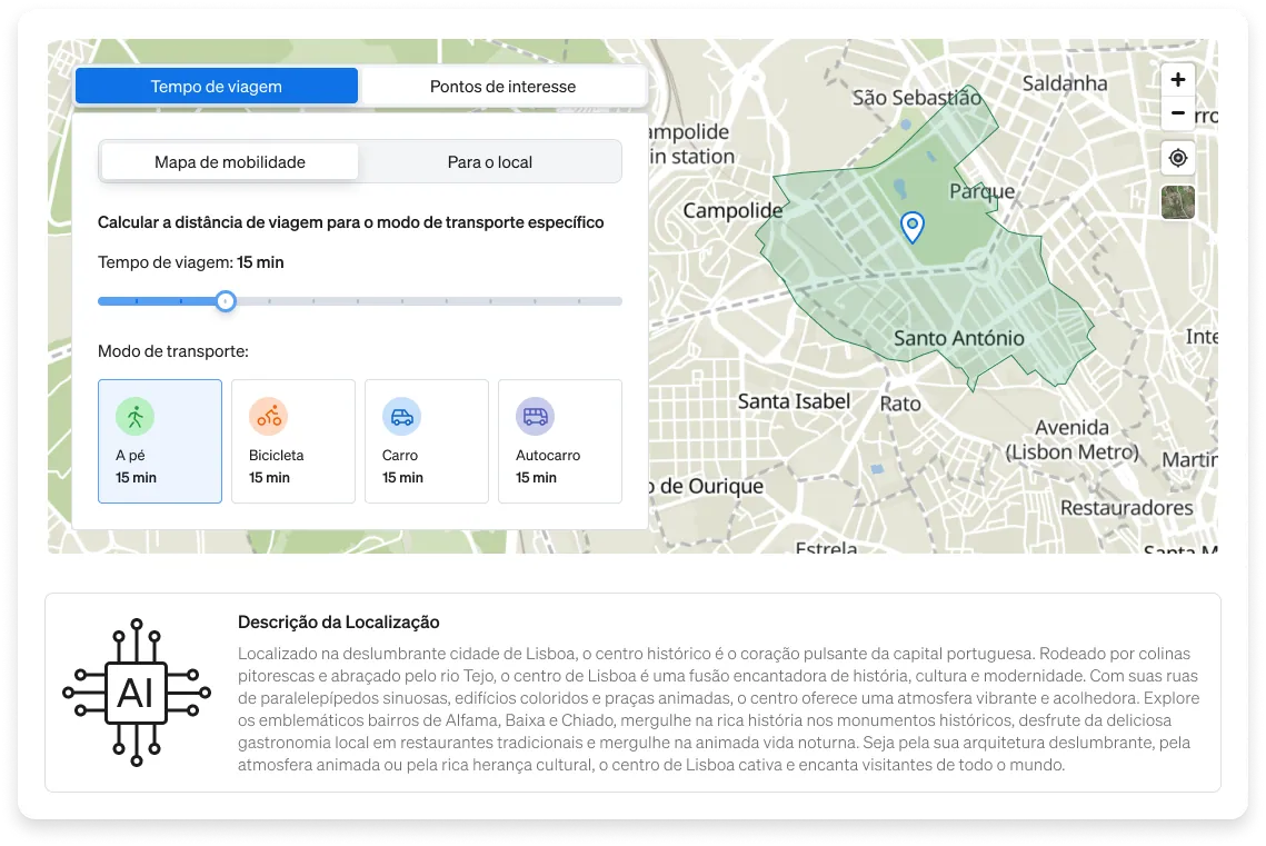 Mapa Inteligente de Comodidades e Itinerários da CASAFARI para negócios imobiliários melhorarem os anúncios imobiliários no seu site