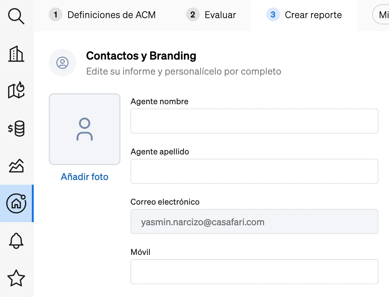 Camps d'informació de contacte i fotos a l'informe de valoració immobiliària