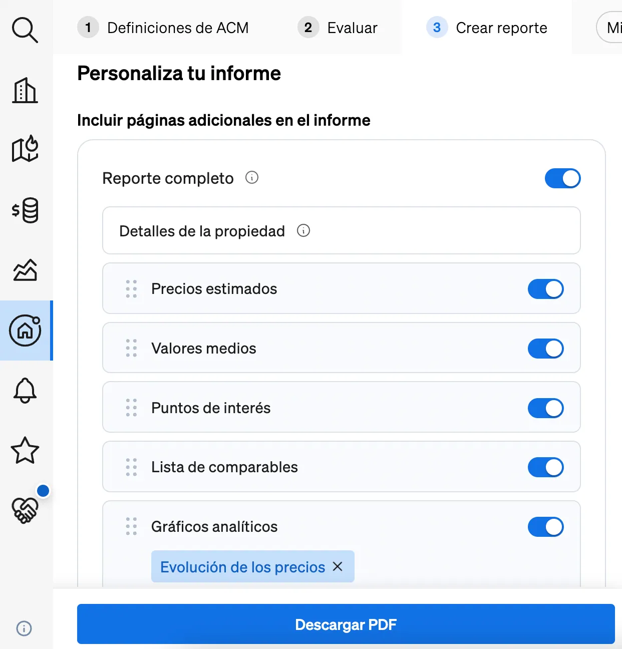 Triar l'ordre del contingut de l'informe de valoració immobiliària