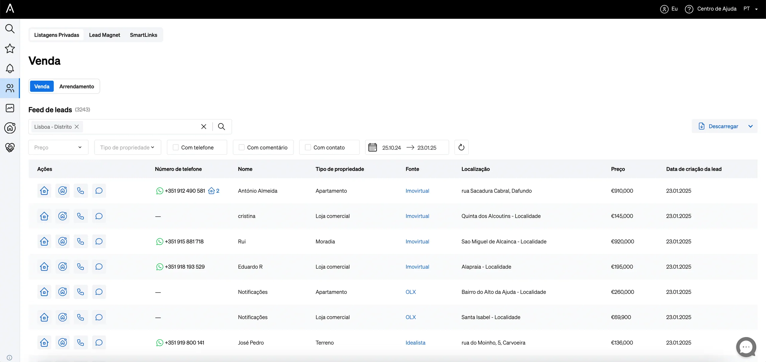Painel de controlo do Feed de Leads Particulares da CASAFARI mostrando a lista de anúncios de venda em Lisboa com contagem por contacto telefónico.