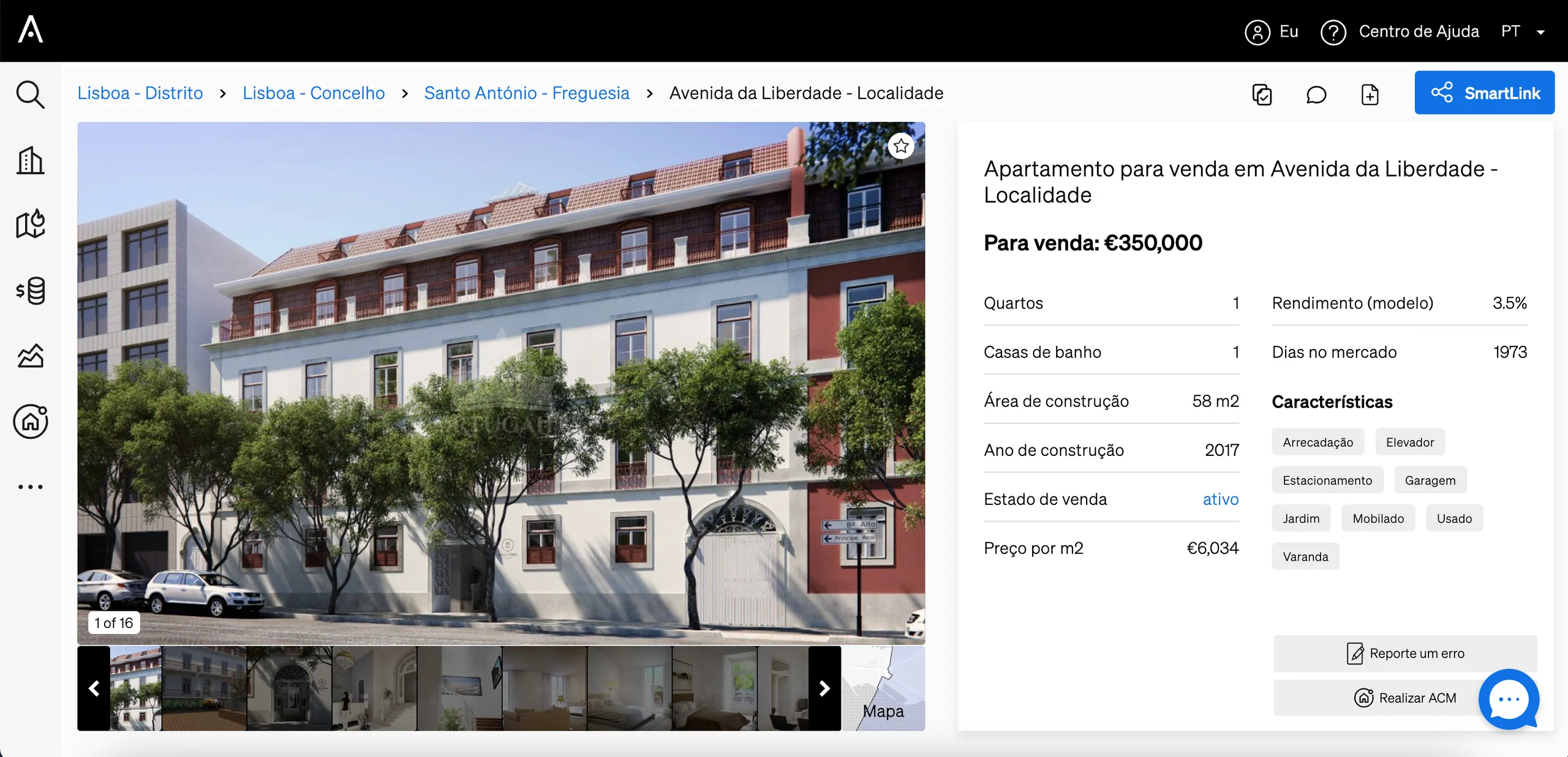 Rentabilidade bruta exibida na página de uma propriedade na CASAFARI