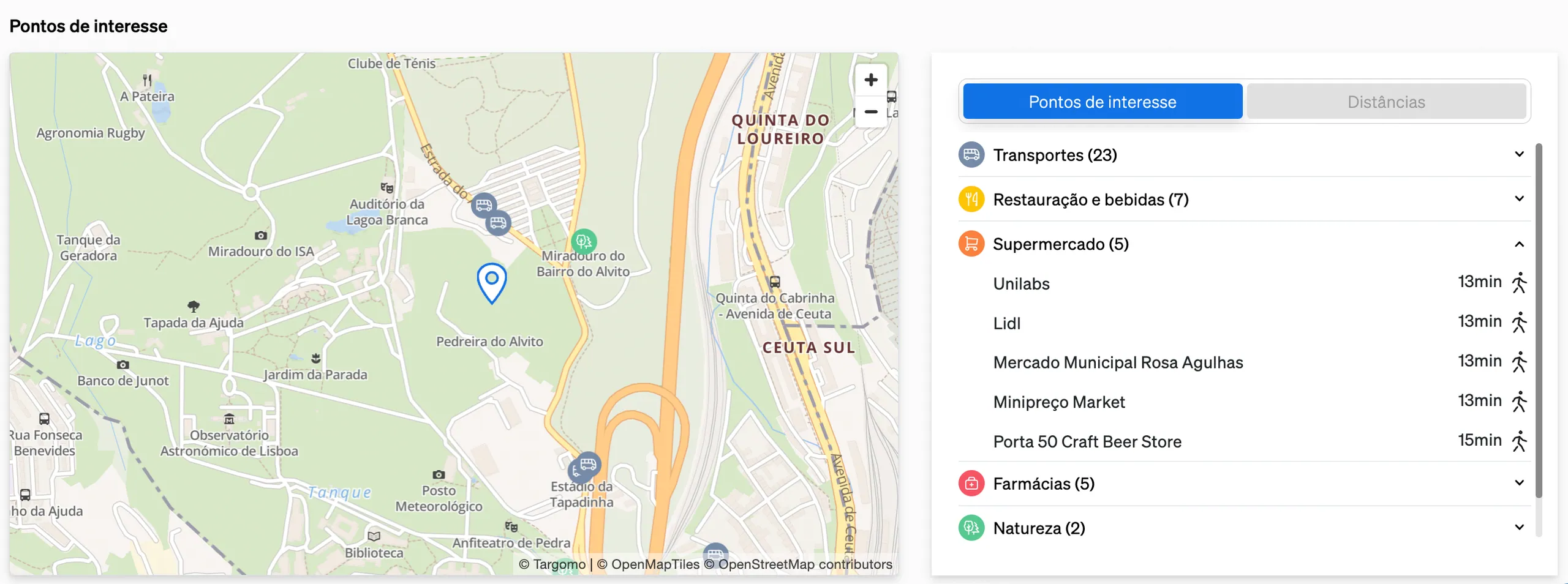 Pontos de interesse nas áreas ao redor de uma propriedade, exibidos na página da propriedade da CASAFARI