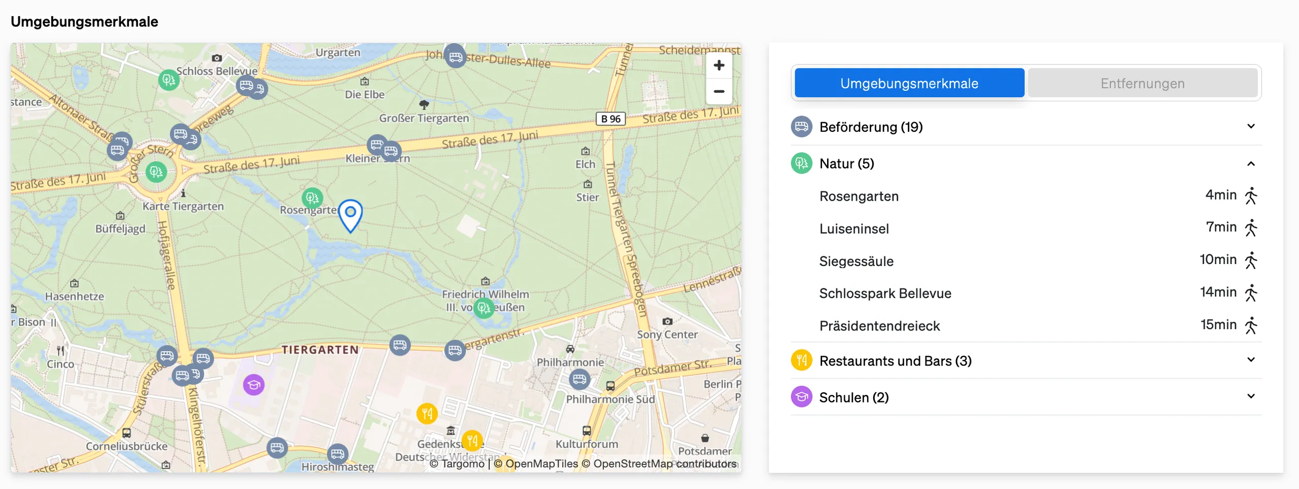 Interessante Punkte in der Umgebung einer Immobilie, die in CASAFARI angezeigt werden