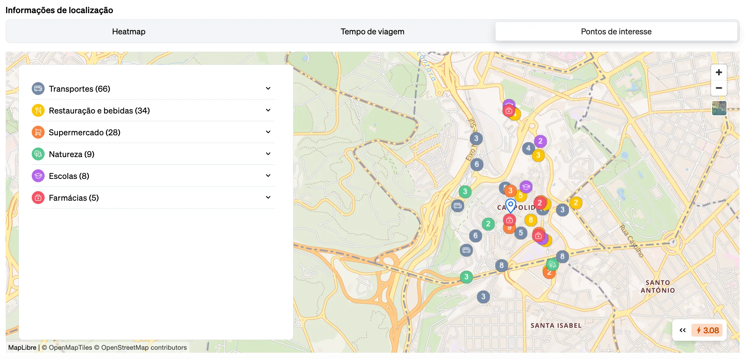 Compreender o perfil de uma área com pontos de interesse apresentados no widget de informações de localização da CASAFARI