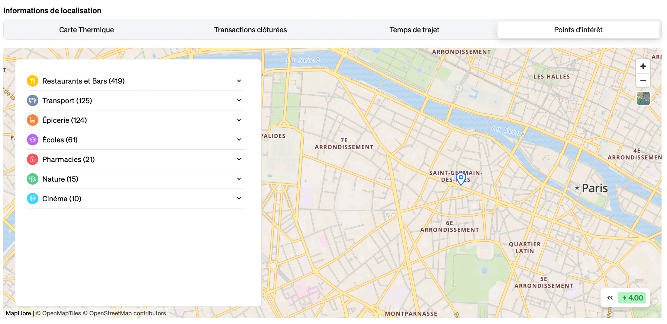 Comprendre le profil d'une zone avec des points d'intérêt affichés dans le widget d'informations de localisation de CASAFARI
