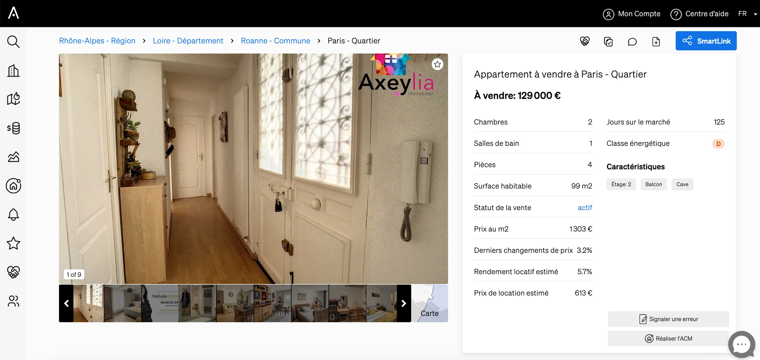 les rendements locatifs d'un bien immobilier figurant sur la page des biens immobiliers de CASAFARI