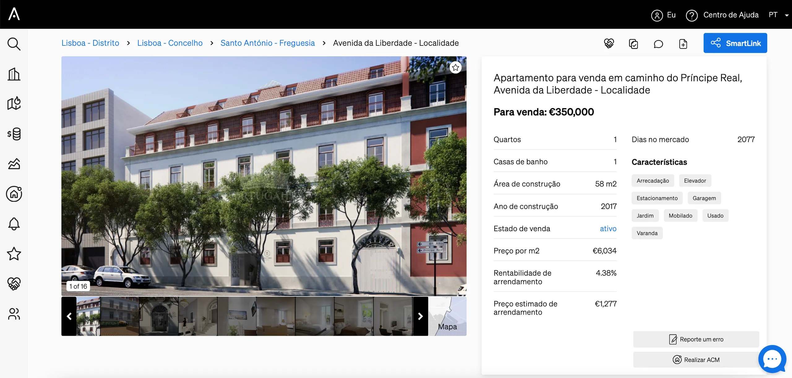 rendimentos de arrendamento de um imóvel apresentado na página de imóveis da CASAFARI